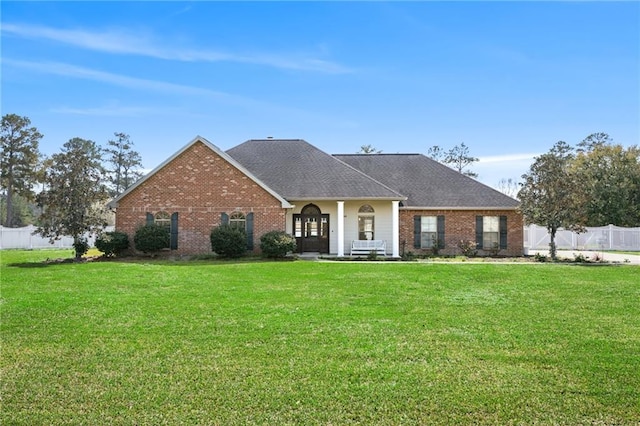 view of front of home with a front lawn, fence, and brick siding