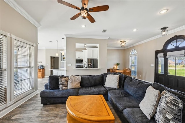 living area featuring dark wood-style flooring, crown molding, visible vents, and a wealth of natural light