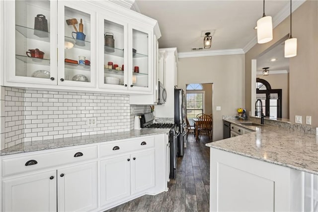 kitchen featuring range with gas stovetop, light stone counters, ornamental molding, a sink, and stainless steel microwave