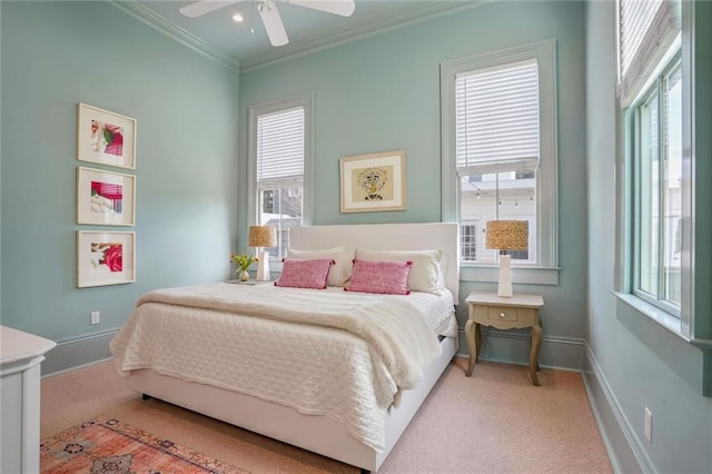 carpeted bedroom featuring crown molding, recessed lighting, a ceiling fan, and baseboards