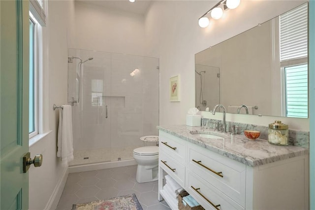 bathroom with tile patterned flooring, a shower stall, toilet, and vanity