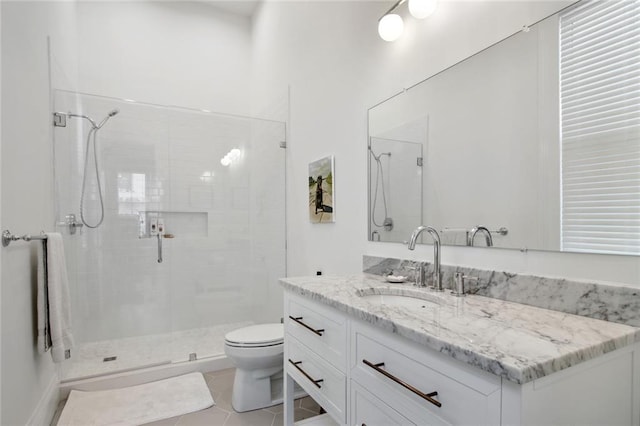 bathroom with vanity, a shower stall, toilet, and tile patterned flooring