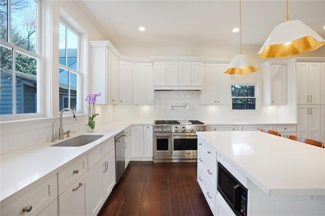 kitchen with a sink, backsplash, appliances with stainless steel finishes, and dark wood finished floors