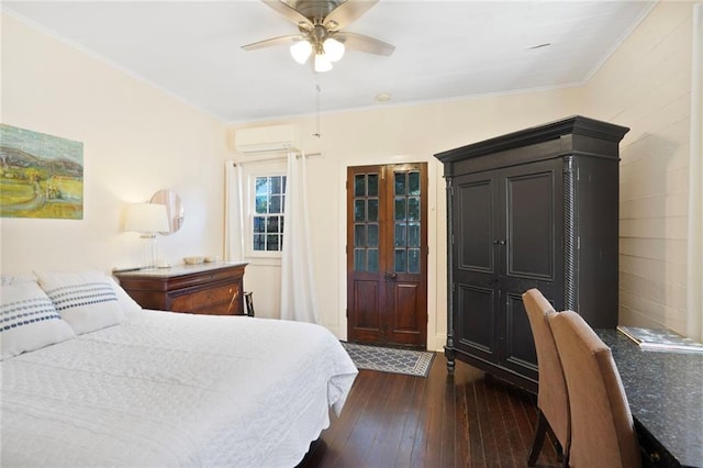 bedroom with a wall mounted air conditioner, a ceiling fan, dark wood-type flooring, and crown molding