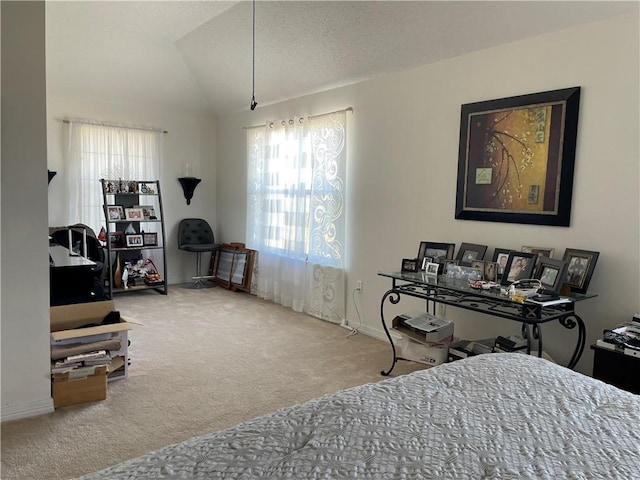 carpeted bedroom with baseboards and vaulted ceiling