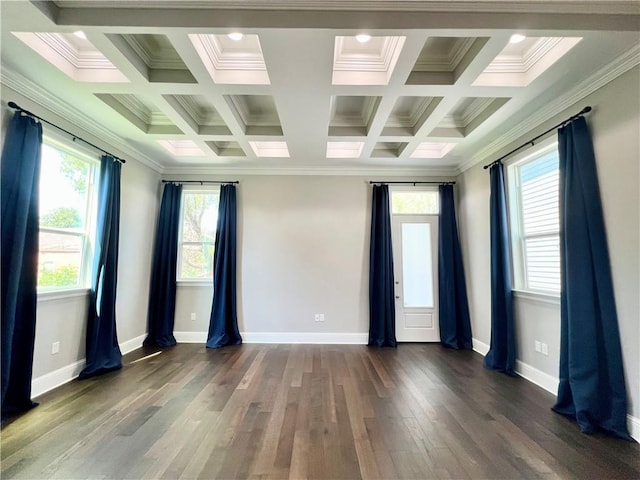 spare room with baseboards, ornamental molding, coffered ceiling, and dark wood-style flooring