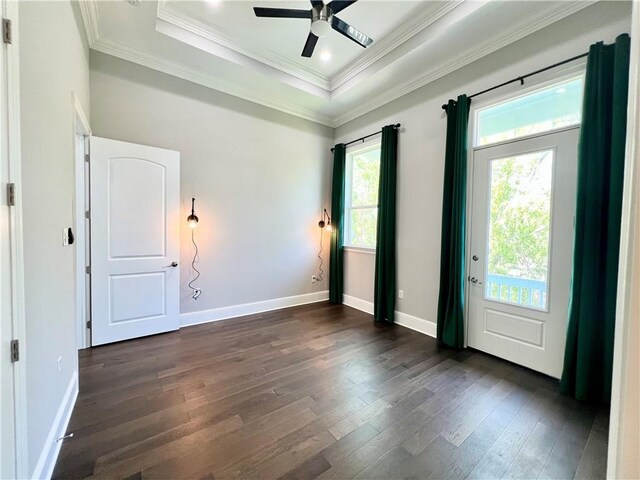 interior space featuring ornamental molding, baseboards, a raised ceiling, a ceiling fan, and dark wood finished floors