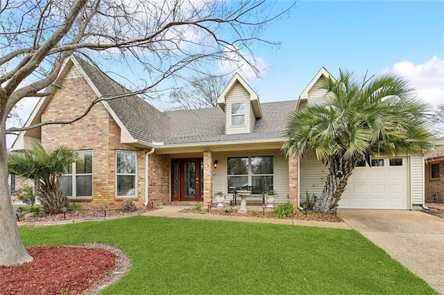 view of front of property featuring a front yard, driveway, roof with shingles, an attached garage, and brick siding