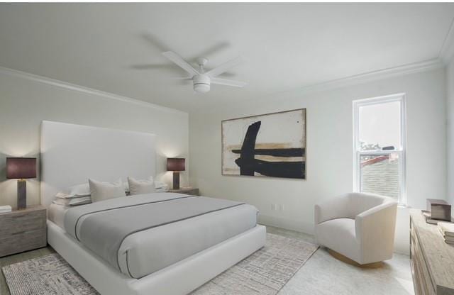 bedroom featuring ceiling fan, light colored carpet, and ornamental molding