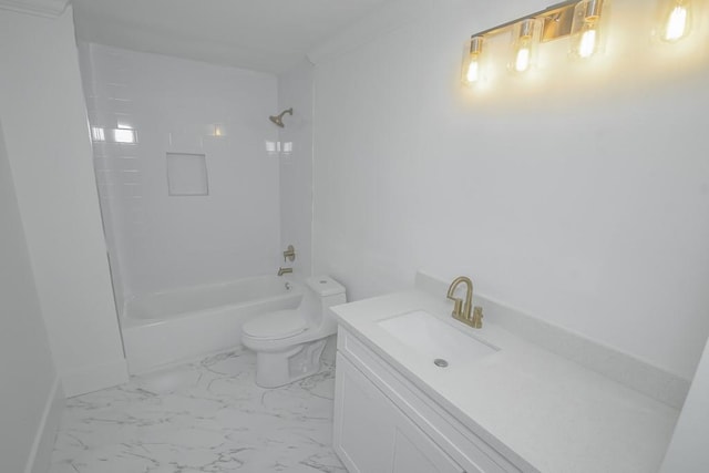 full bath featuring marble finish floor, vanity, toilet, and bathing tub / shower combination