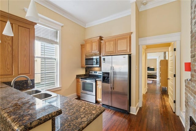 kitchen with dark wood-style flooring, a sink, decorative backsplash, appliances with stainless steel finishes, and crown molding