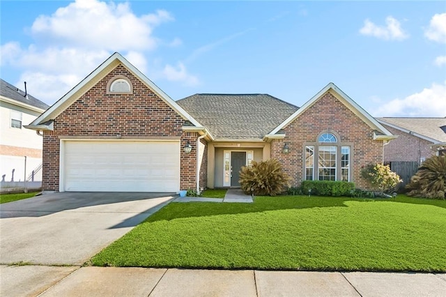 single story home featuring brick siding, a front lawn, fence, concrete driveway, and an attached garage