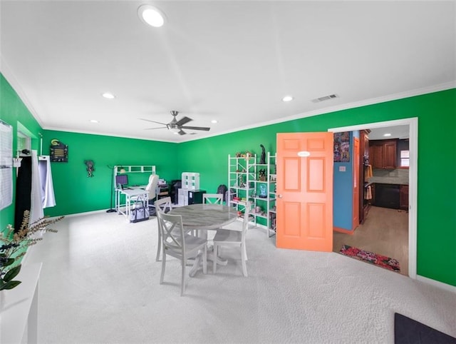 dining area with recessed lighting, ceiling fan, and crown molding