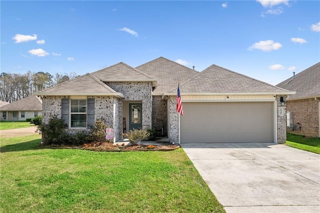 ranch-style home featuring brick siding, driveway, an attached garage, and a front yard