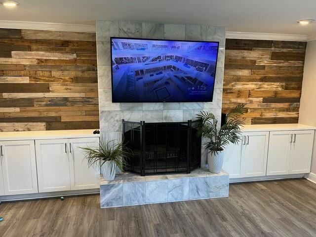 room details featuring wooden walls, a fireplace, wood finished floors, and crown molding