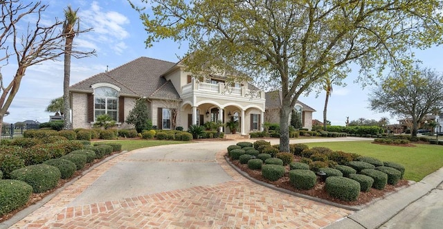 view of front facade featuring a front lawn, curved driveway, and a balcony