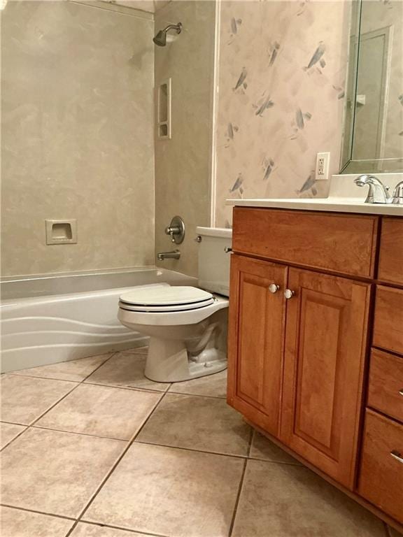 full bath featuring bathtub / shower combination, tile patterned floors, toilet, and vanity