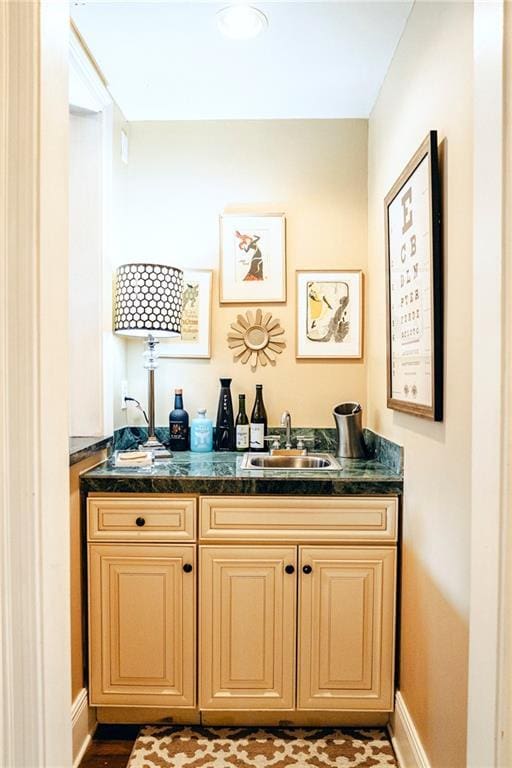 bar featuring indoor wet bar, baseboards, and a sink