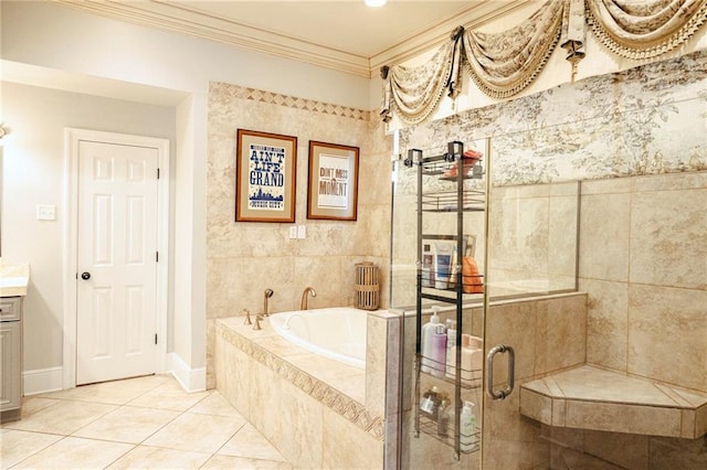 full bathroom with a shower stall, a garden tub, ornamental molding, tile patterned floors, and vanity