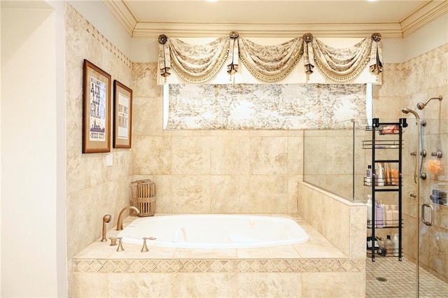 bathroom with crown molding, a bath, and a shower stall