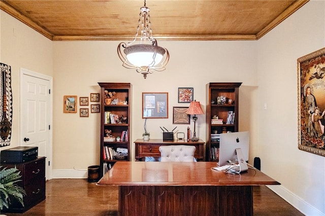 office with wooden ceiling, baseboards, crown molding, and dark wood-type flooring