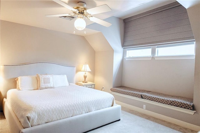 bedroom featuring visible vents, ceiling fan, baseboards, and carpet