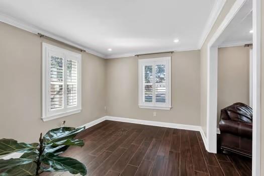 interior space with baseboards, plenty of natural light, dark wood-type flooring, and crown molding