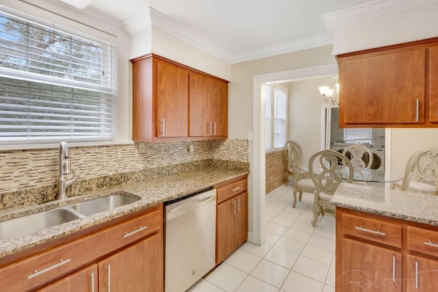 kitchen featuring dishwasher, ornamental molding, decorative backsplash, light tile patterned flooring, and a sink