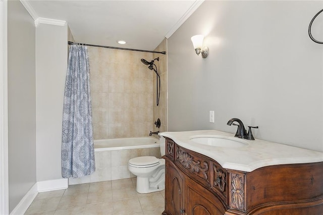 full bathroom featuring tile patterned flooring, toilet, vanity, and ornamental molding