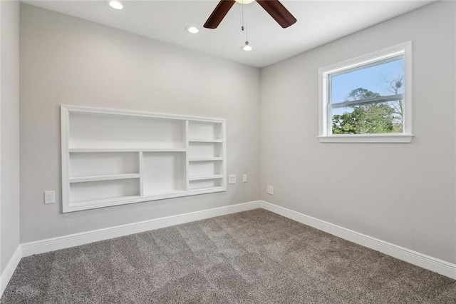 unfurnished room featuring carpet flooring, recessed lighting, baseboards, and ceiling fan