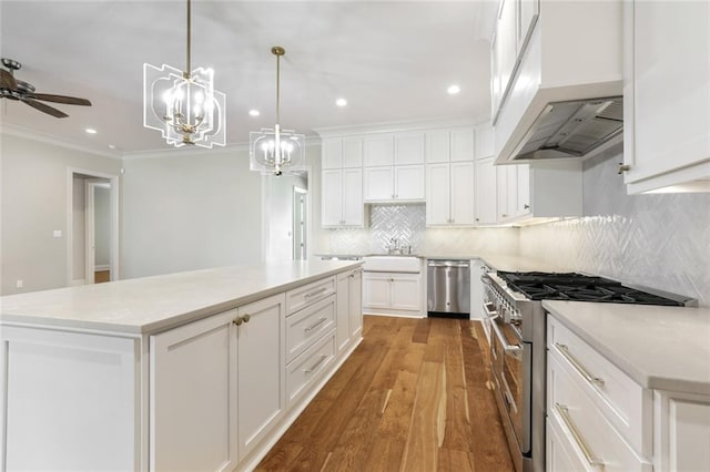 kitchen featuring a kitchen island, premium range hood, ornamental molding, hardwood / wood-style flooring, and stainless steel appliances