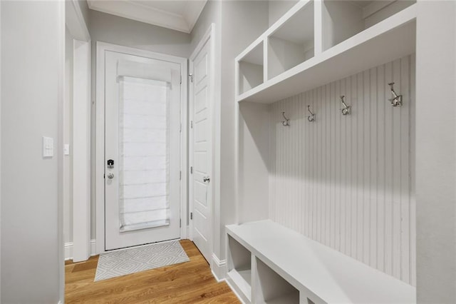 mudroom with wood finished floors and ornamental molding