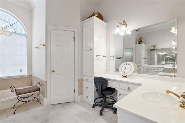 full bathroom with vanity, crown molding, a bath, and tile patterned flooring