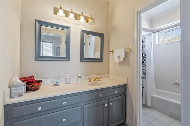 bathroom featuring tile patterned floors, ornamental molding, vanity, and shower / bath combo