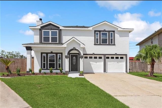 view of front of house with a garage, concrete driveway, a front lawn, and fence