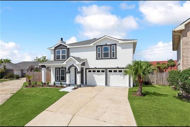 traditional-style house featuring a front lawn, fence, concrete driveway, stucco siding, and a garage