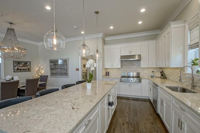 kitchen with a sink, stainless steel appliances, under cabinet range hood, and white cabinetry