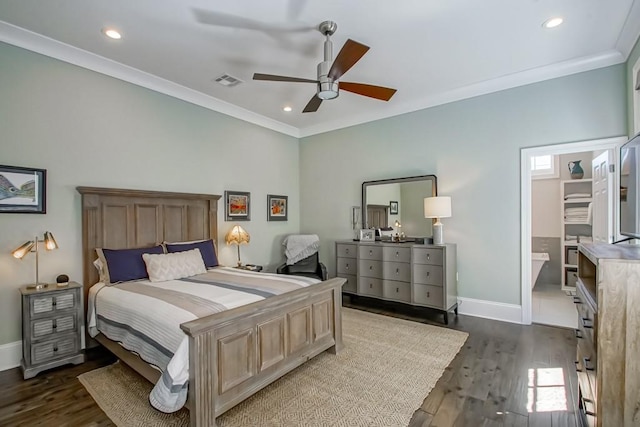 bedroom featuring visible vents, baseboards, dark wood-type flooring, and ornamental molding