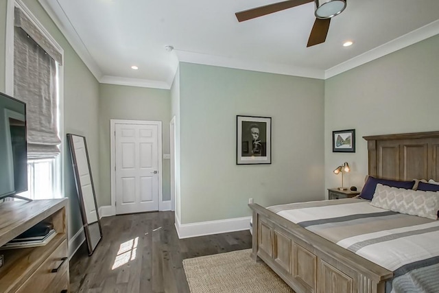 bedroom featuring recessed lighting, baseboards, ornamental molding, and dark wood-style flooring