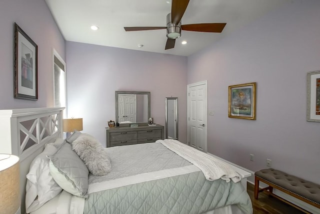 bedroom with wood finished floors, recessed lighting, and ceiling fan