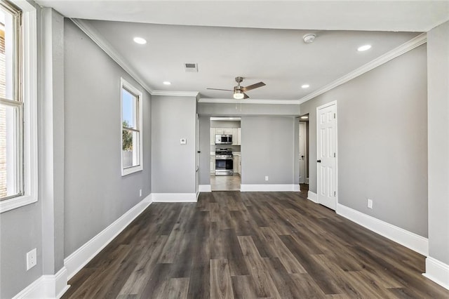 unfurnished living room featuring baseboards, visible vents, recessed lighting, ornamental molding, and dark wood-type flooring