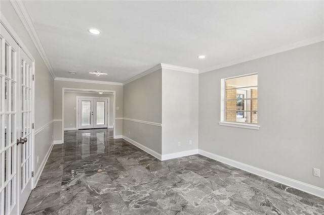 foyer with crown molding, baseboards, recessed lighting, french doors, and marble finish floor