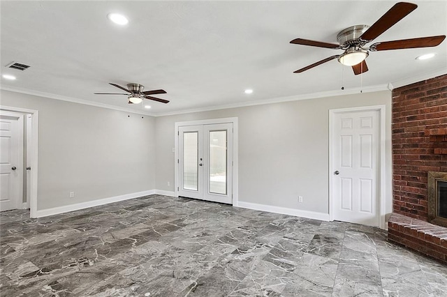 empty room featuring visible vents, marble finish floor, french doors, a fireplace, and crown molding