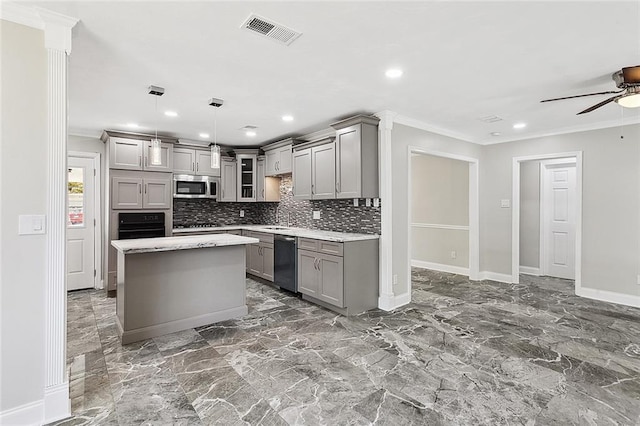 kitchen featuring marble finish floor, visible vents, appliances with stainless steel finishes, and gray cabinetry