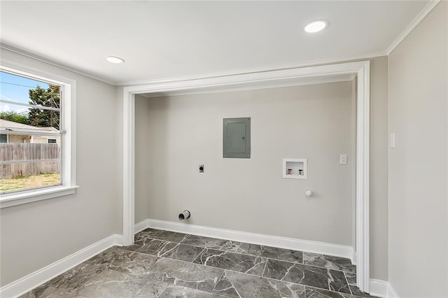 laundry area featuring hookup for a washing machine, baseboards, laundry area, electric panel, and electric dryer hookup