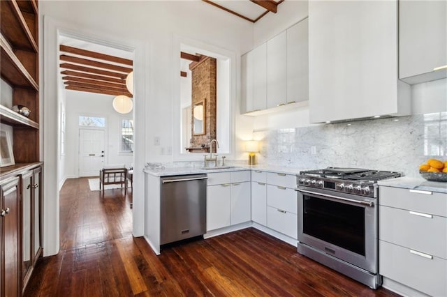 kitchen with modern cabinets, a sink, dark wood finished floors, stainless steel appliances, and light stone countertops