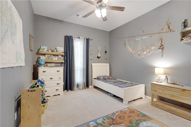 bedroom featuring visible vents, carpet, and ceiling fan