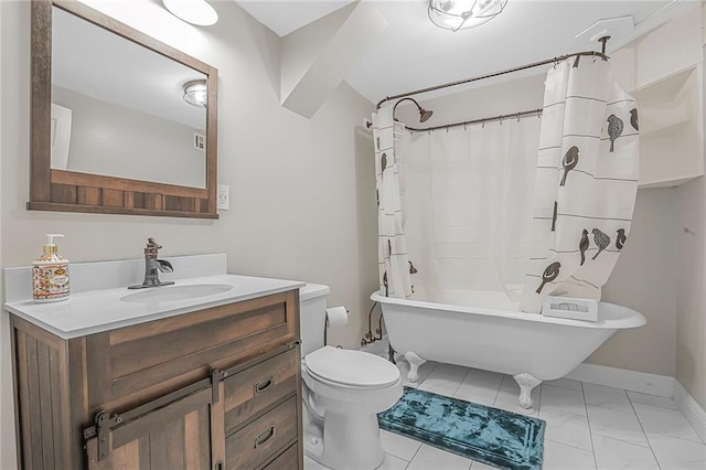 bathroom featuring baseboards, toilet, shower / tub combo with curtain, and vanity