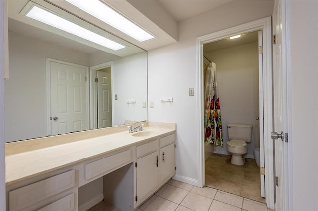 full bath featuring vanity, a shower with curtain, baseboards, tile patterned flooring, and toilet