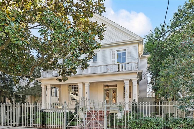 view of front facade with a fenced front yard, covered porch, and a balcony